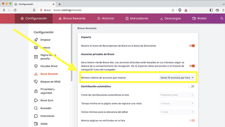 Instrucción para confiugar en Brave, el navegador con el que podemos ganar dinero, el número máximo de anuncios que veremos por hora