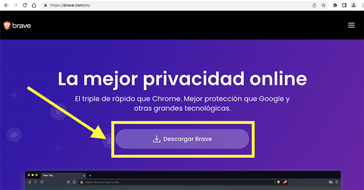 Página de incio de Brave, el navegador con el que podemos ganar dinero, dónde vemos su botón de descarga